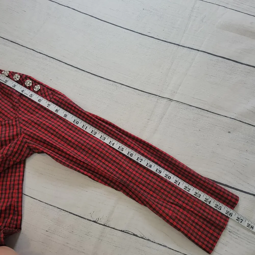 J.Crew Size 4 Plaid Hi-Low Long Sleeve Button Shirt Red Black Holiday‎
